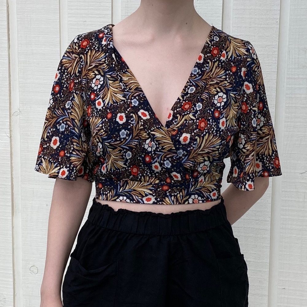 Wrap style crop top with open back